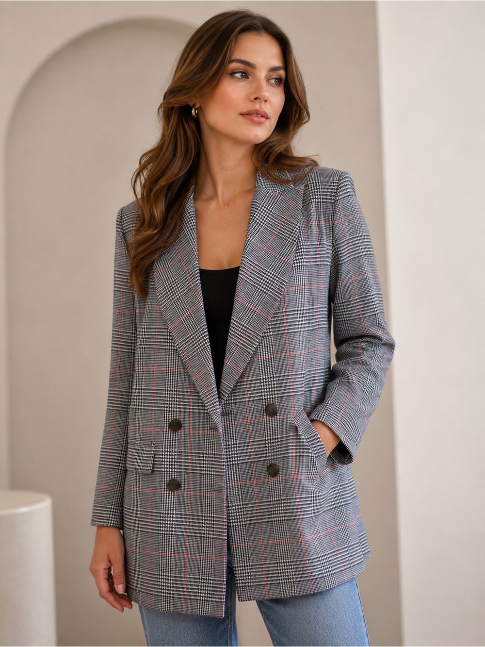 Emerson Fry Plaid Linen Blend Blazer Jacket US 4